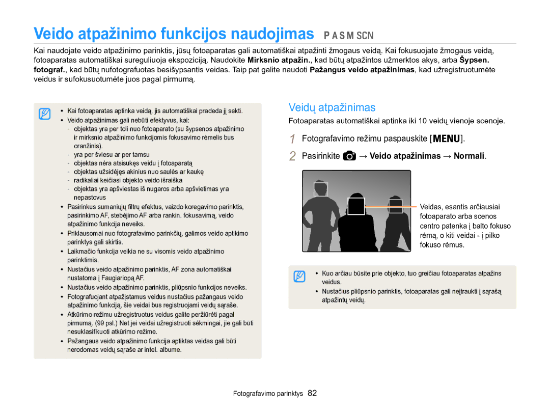 Samsung EC-WB850FBPBE2 Veido atpažinimo funkcijos naudojimas, Veidų atpažinimas, Pasirinkite → Veido atpažinimas → Normali 