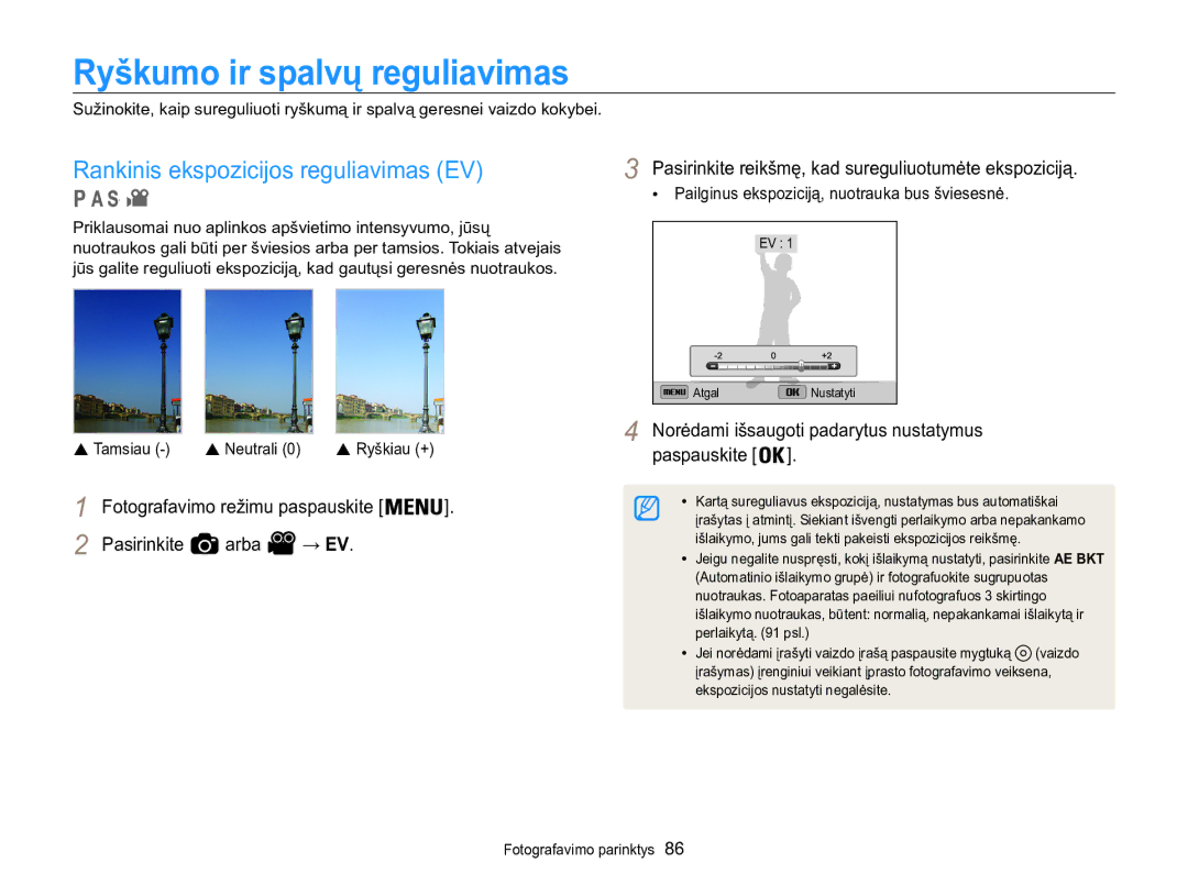 Samsung EC-WB850FBPBE2 manual Ryškumo ir spalvų reguliavimas, Rankinis ekspozicijos reguliavimas EV 