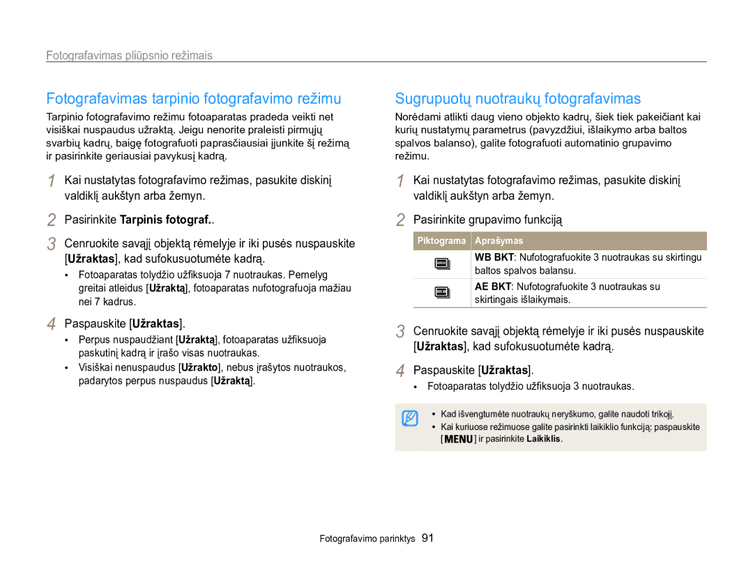 Samsung EC-WB850FBPBE2 manual Fotografavimas tarpinio fotografavimo režimu, Sugrupuotų nuotraukų fotografavimas 