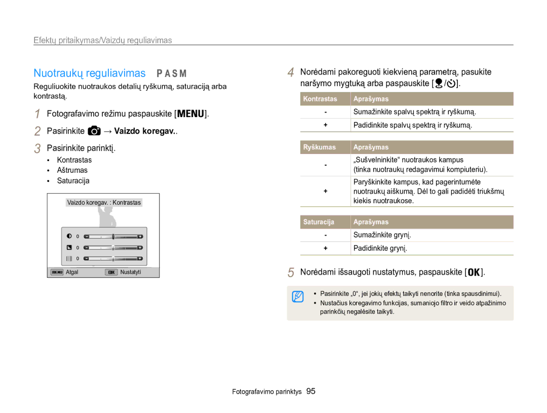 Samsung EC-WB850FBPBE2 manual Nuotraukų reguliavimas, Kontrastas Aštrumas Saturacija, Sumažinkite grynį + Padidinkite grynį 