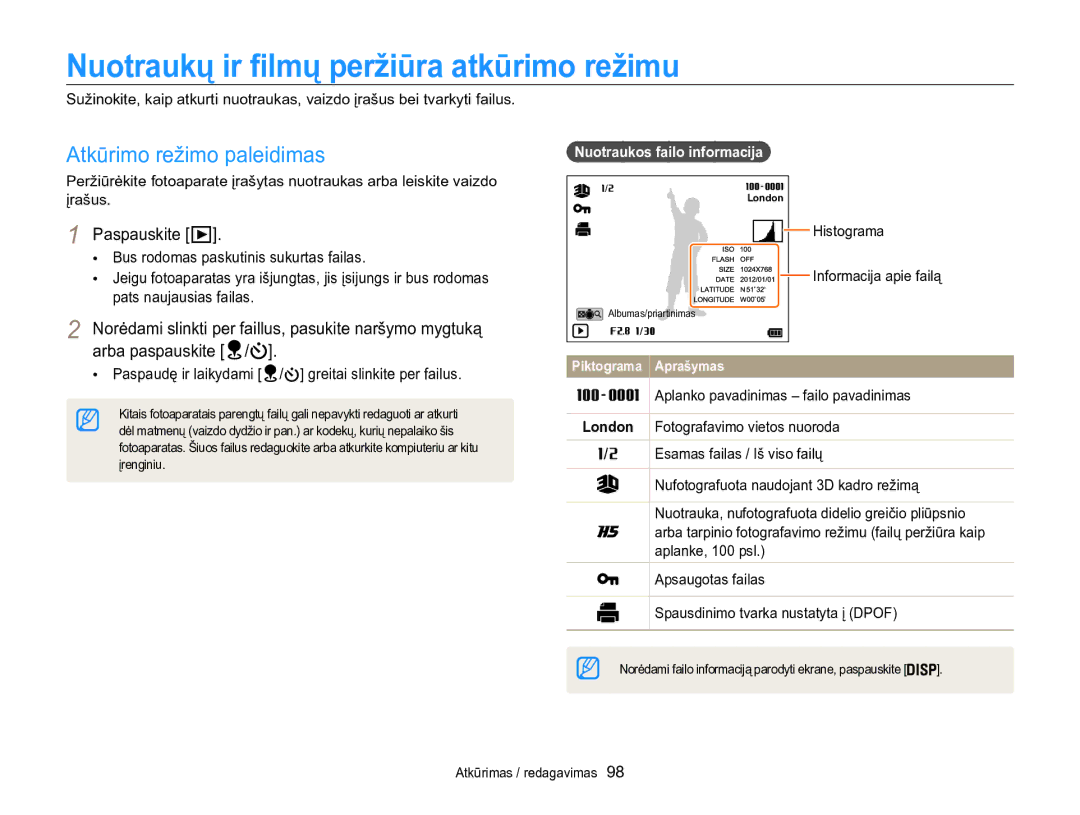 Samsung EC-WB850FBPBE2 manual Nuotraukų ir filmų peržiūra atkūrimo režimu, Atkūrimo režimo paleidimas 