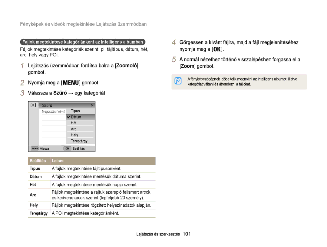 Samsung EC-WB850FBPBE3 Fájlok megtekintése kategóriánként az Intelligens albumban, Fájlok megtekintése fájltípusonként 