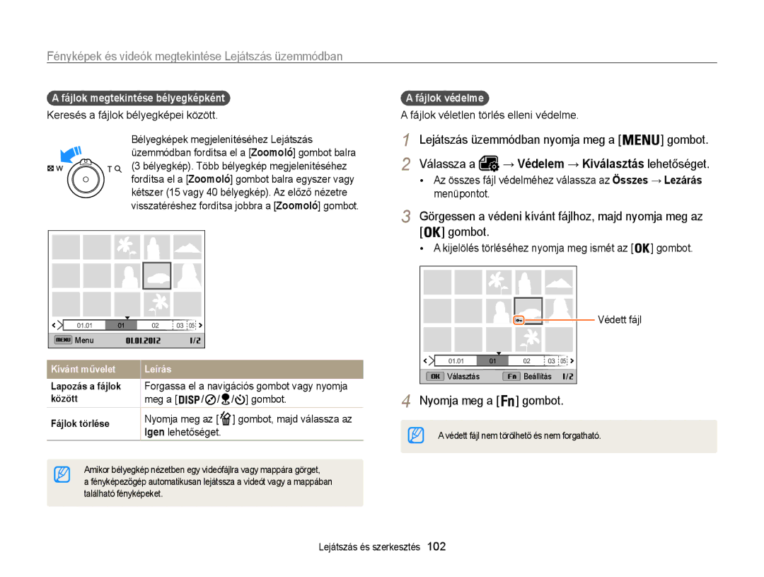 Samsung EC-WB855FBDBE3 Válassza a → Védelem → Kiválasztás lehetőséget, Fájlok megtekintése bélyegképként, Fájlok védelme 