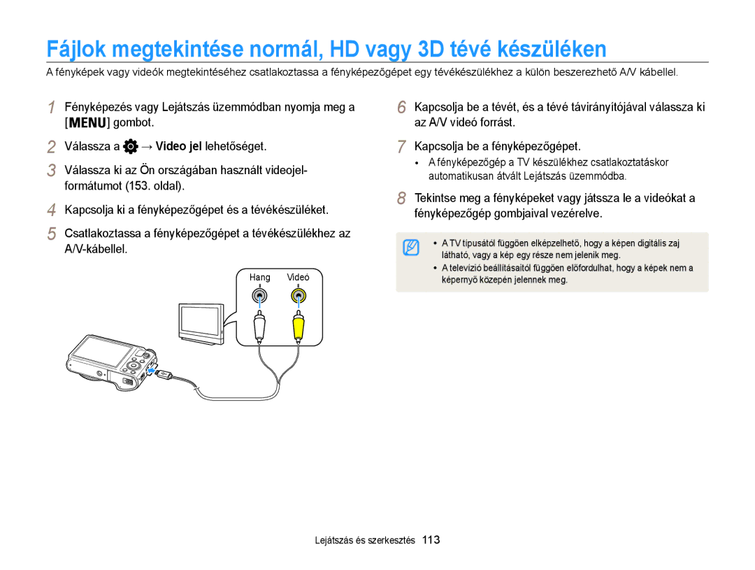 Samsung EC-WB850FBPBE3, EC-WB855FBDBE3, EC-WB850FBPBE2 manual Fájlok megtekintése normál, HD vagy 3D tévé készüléken 