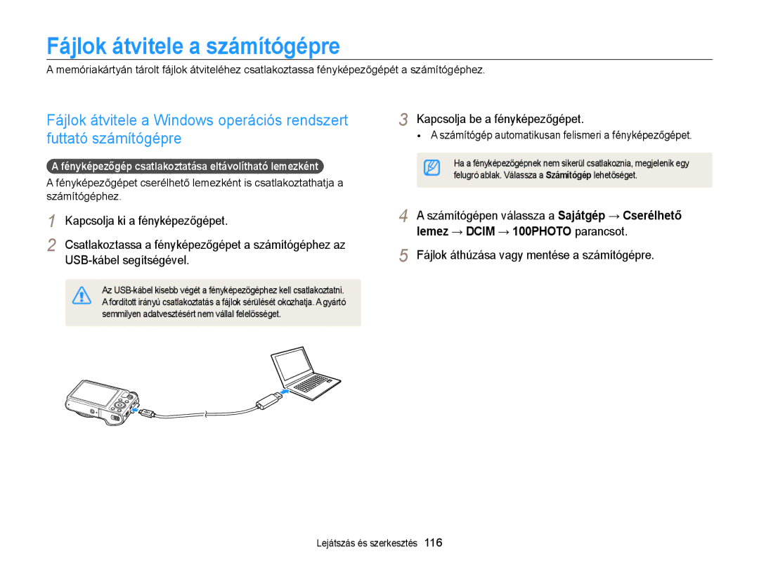 Samsung EC-WB850FBPBE3, EC-WB855FBDBE3 manual Fájlok átvitele a számítógépre, Fájlok áthúzása vagy mentése a számítógépre 