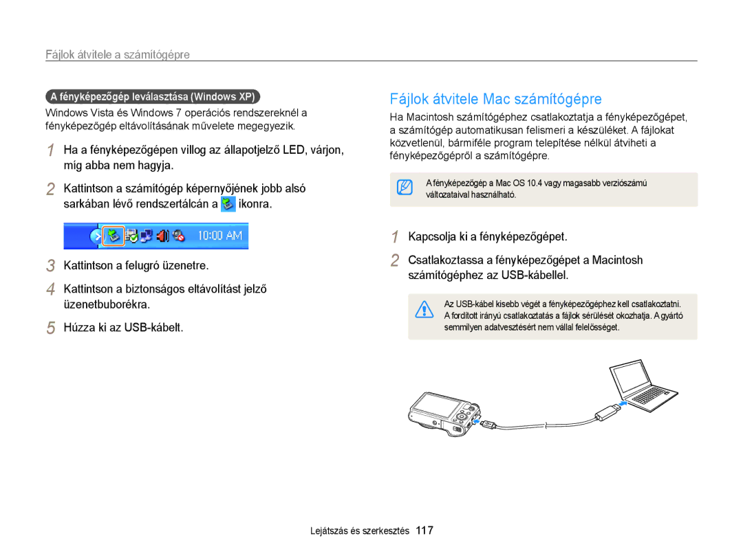 Samsung EC-WB855FBDBE3 Fájlok átvitele Mac számítógépre, Fájlok átvitele a számítógépre, Kapcsolja ki a fényképezőgépet 