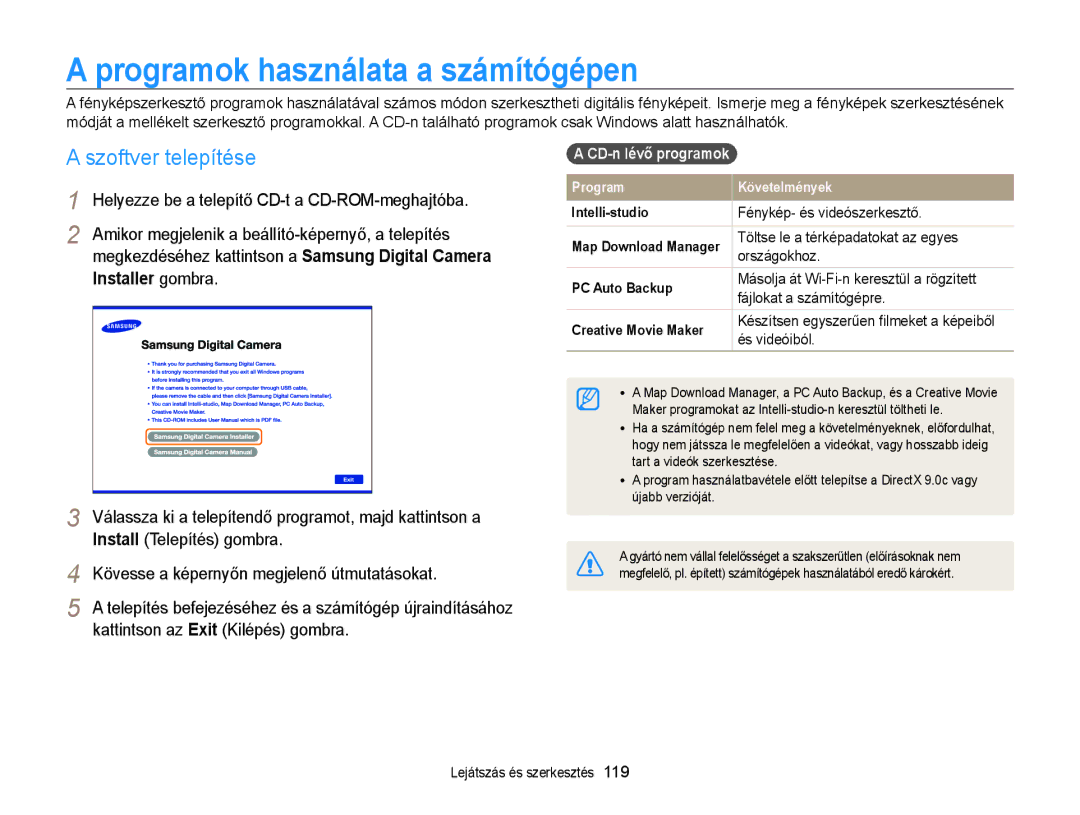 Samsung EC-WB850FBPBE3, EC-WB855FBDBE3 manual Programok használata a számítógépen, Szoftver telepítése, CD-n lévő programok 