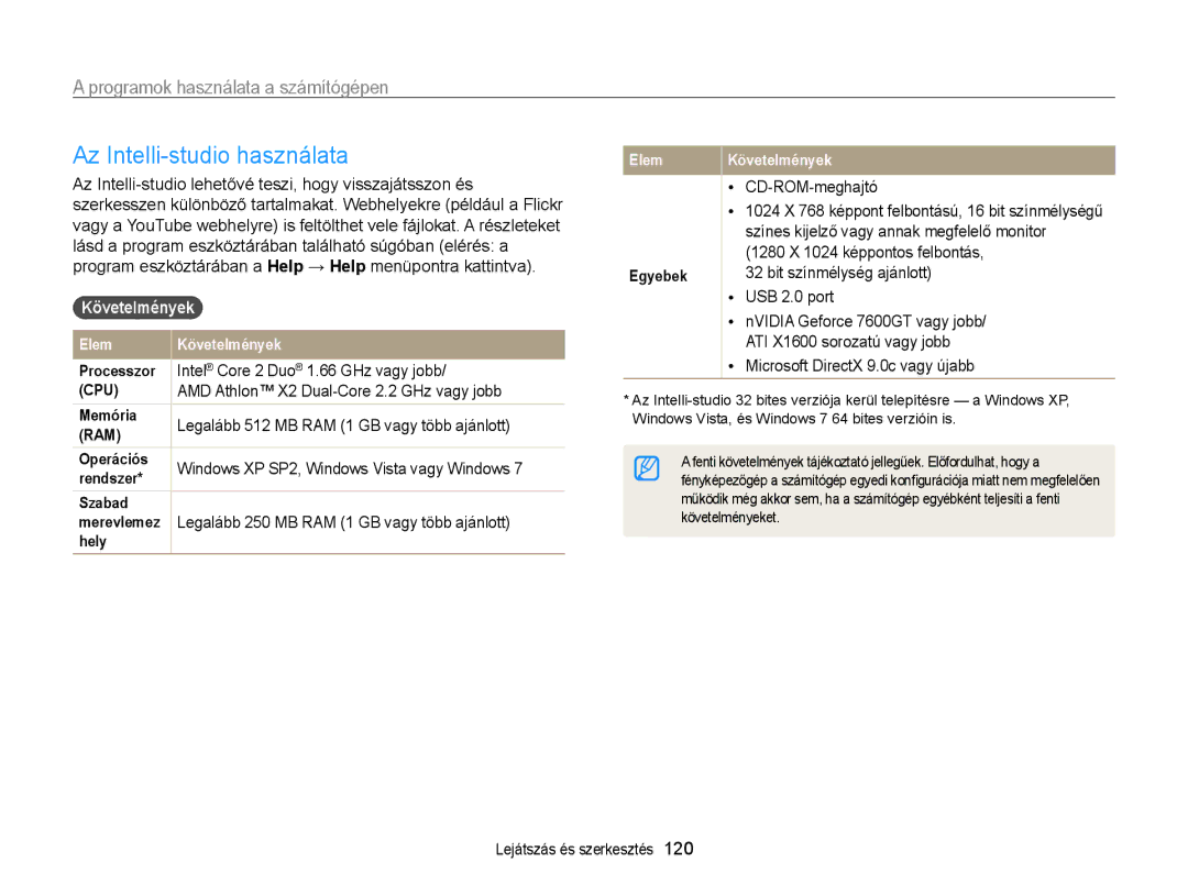 Samsung EC-WB855FBDBE3, EC-WB850FBPBE3 Az Intelli-studio használata, Programok használata a számítógépen, Követelmények 