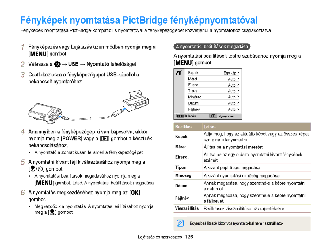 Samsung EC-WB855FBDBE3 Fényképek nyomtatása PictBridge fényképnyomtatóval, Nyomtatás megkezdéséhez nyomja meg az gombot 