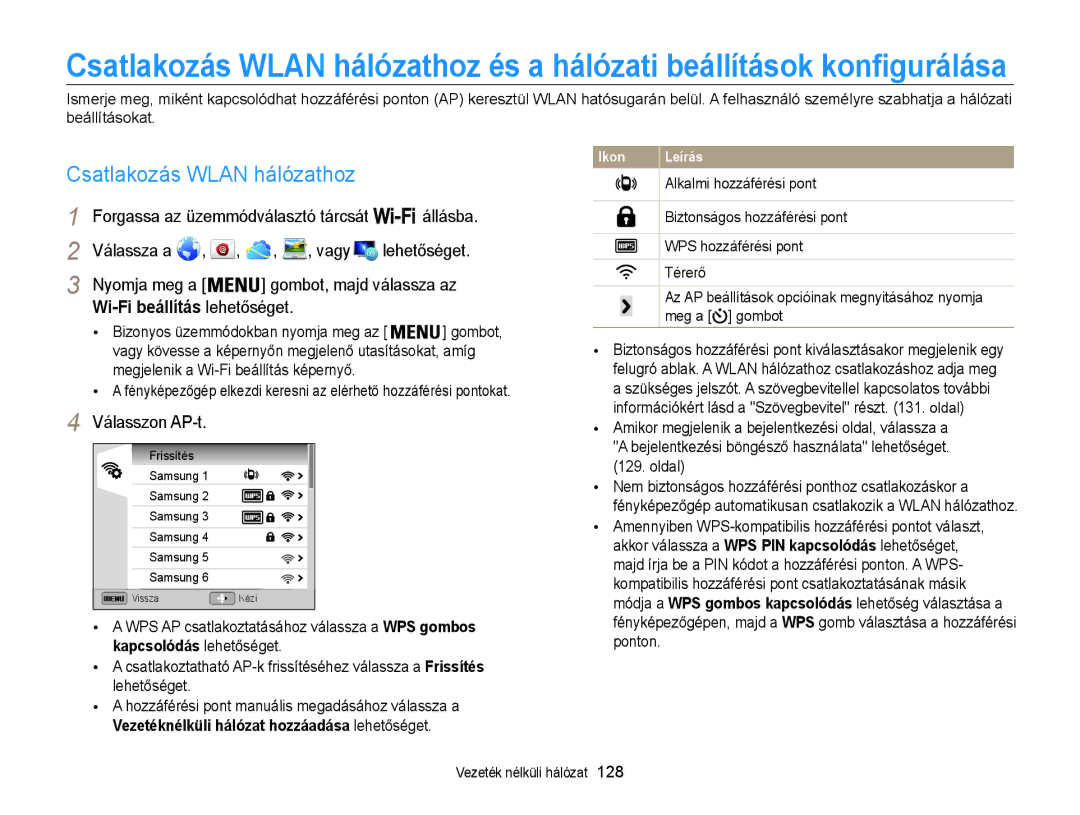 Samsung EC-WB850FBPBE3 manual Csatlakozás Wlan hálózathoz, Válasszon AP-t, Vezetéknélküli hálózat hozzáadása lehetőséget 