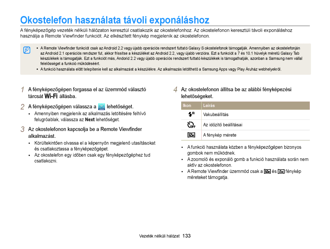 Samsung EC-WB850FBPBE2 Okostelefon használata távoli exponáláshoz, Vakubeállítás, Az időzítő beállításai, Fénykép mérete 