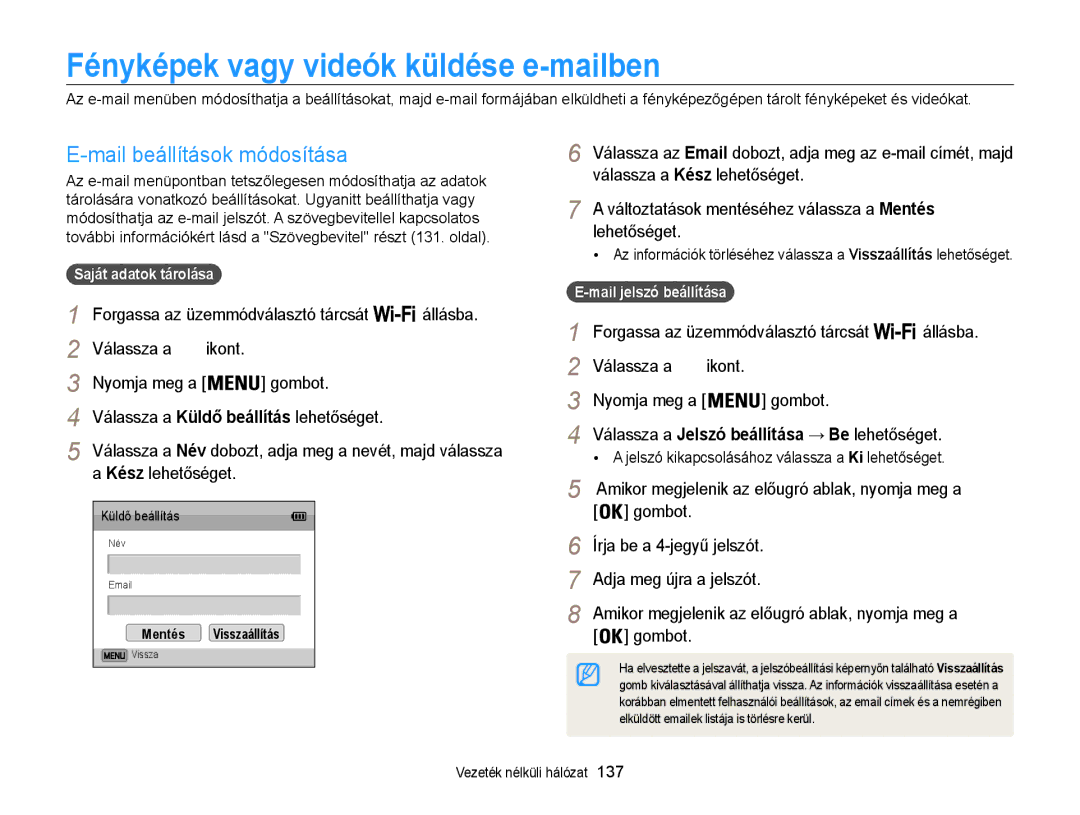 Samsung EC-WB850FBPBE3 manual Fényképek vagy videók küldése e-mailben, Mail beállítások módosítása, Saját adatok tárolása 