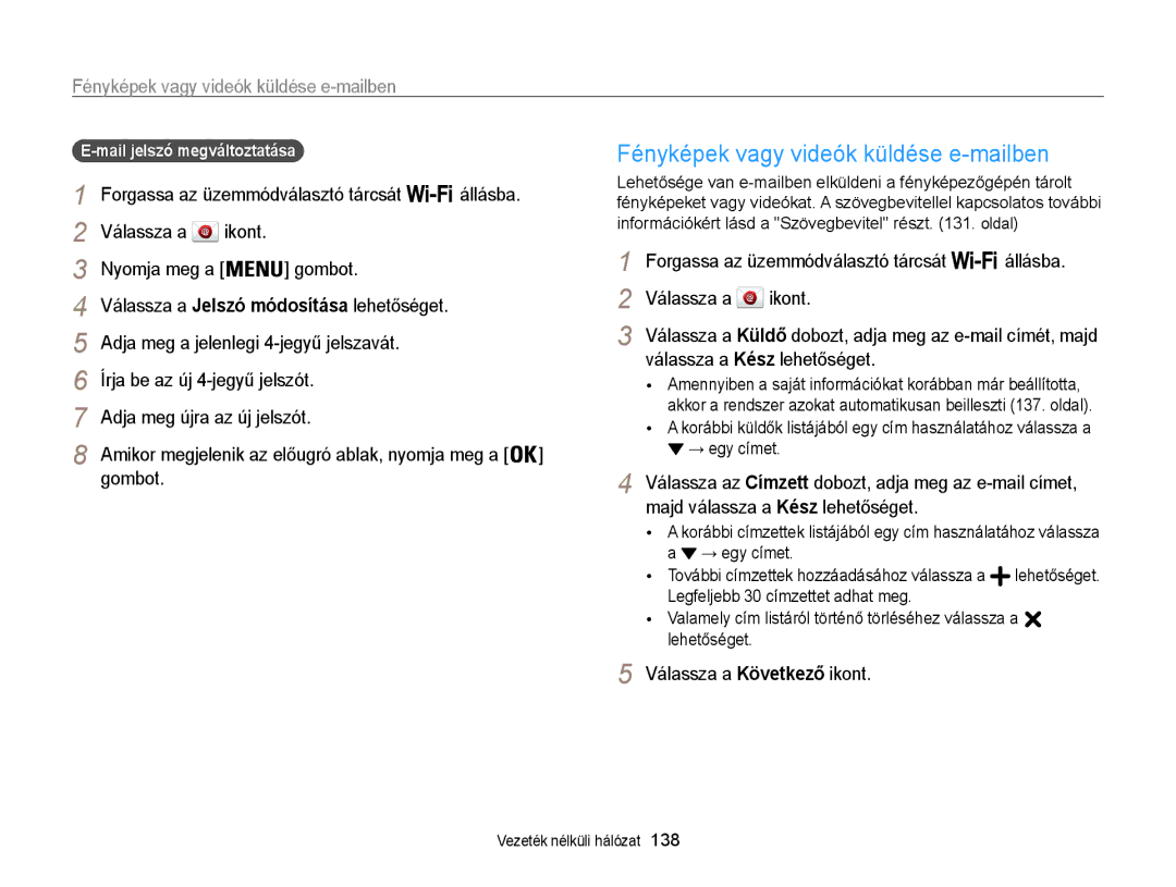 Samsung EC-WB855FBDBE3 Fényképek vagy videók küldése e-mailben, Válassza a Következő ikont, Mail jelszó megváltoztatása 