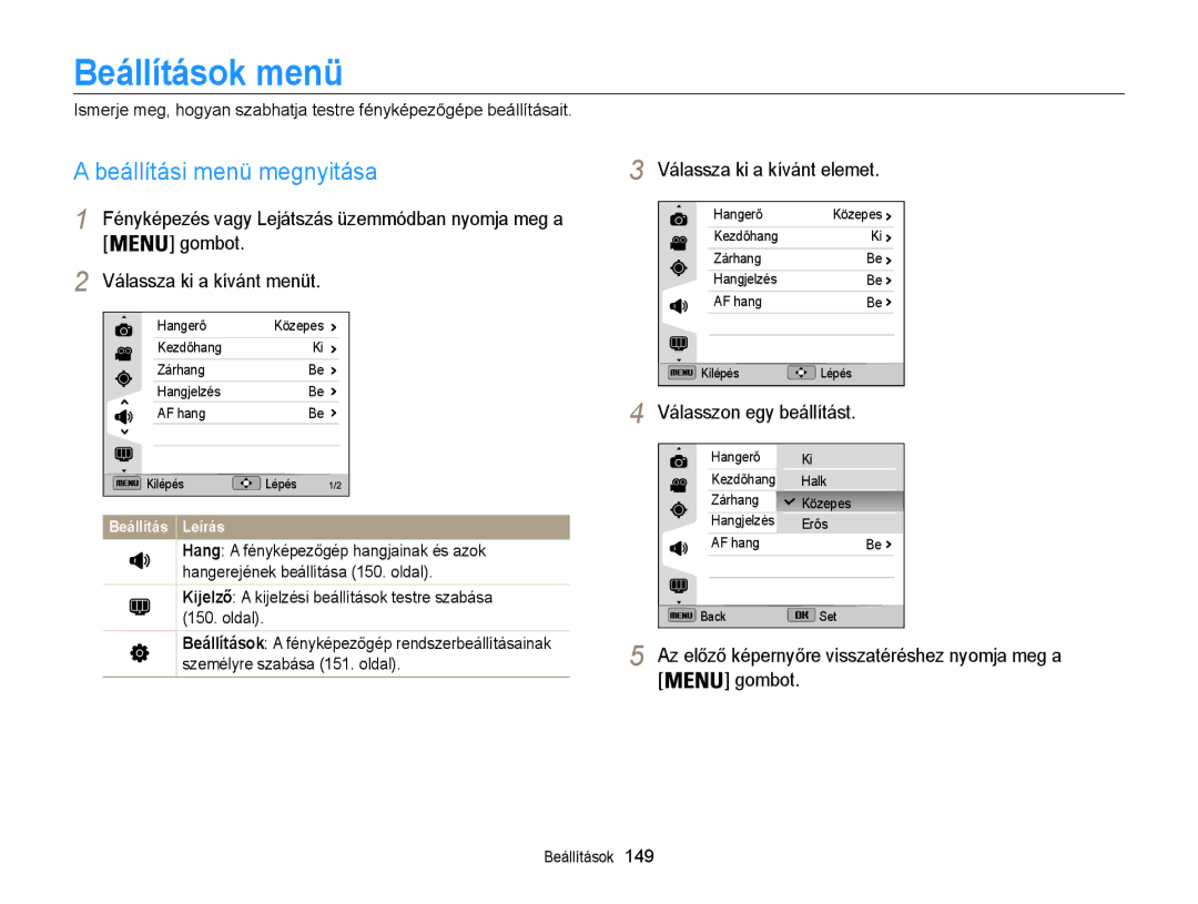 Samsung EC-WB850FBPBE3, EC-WB855FBDBE3 manual Beállítások menü, Beállítási menü megnyitása, Válassza ki a kívánt elemet 