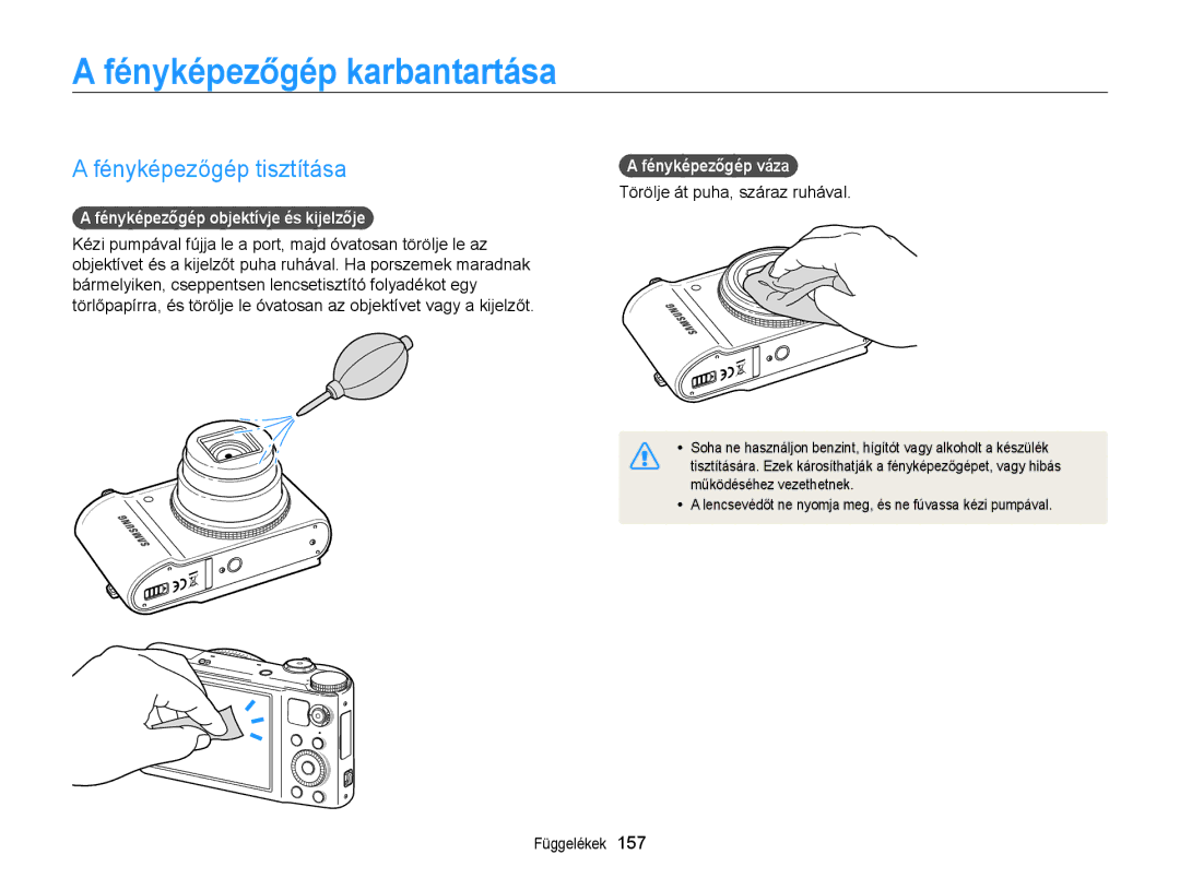 Samsung EC-WB850FBPBE2 manual Fényképezőgép karbantartása, Fényképezőgép tisztítása, Fényképezőgép objektívje és kijelzője 