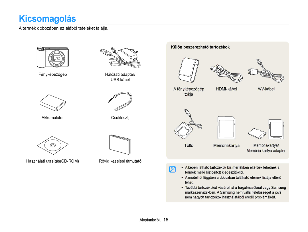 Samsung EC-WB855FBDBE3, EC-WB850FBPBE3, EC-WB850FBPBE2 manual Kicsomagolás, Külön beszerezhető tartozékok 