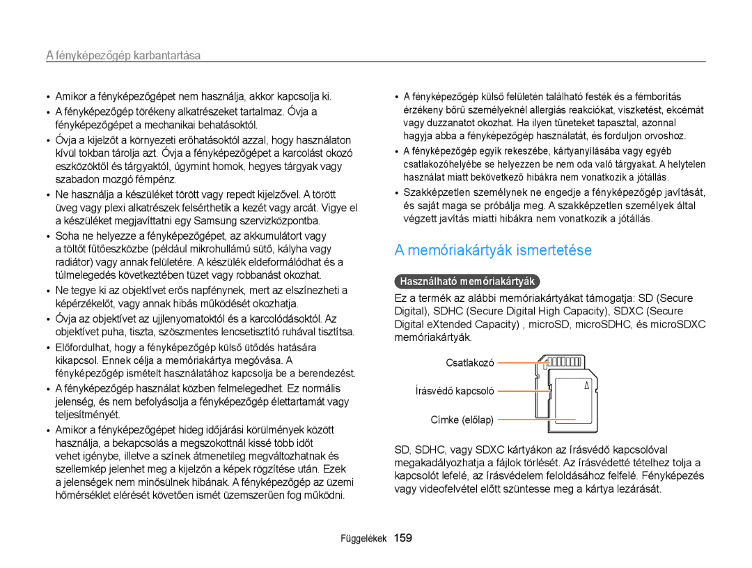 Samsung EC-WB855FBDBE3, EC-WB850FBPBE3, EC-WB850FBPBE2 manual Memóriakártyák ismertetése, Használható memóriakártyák 