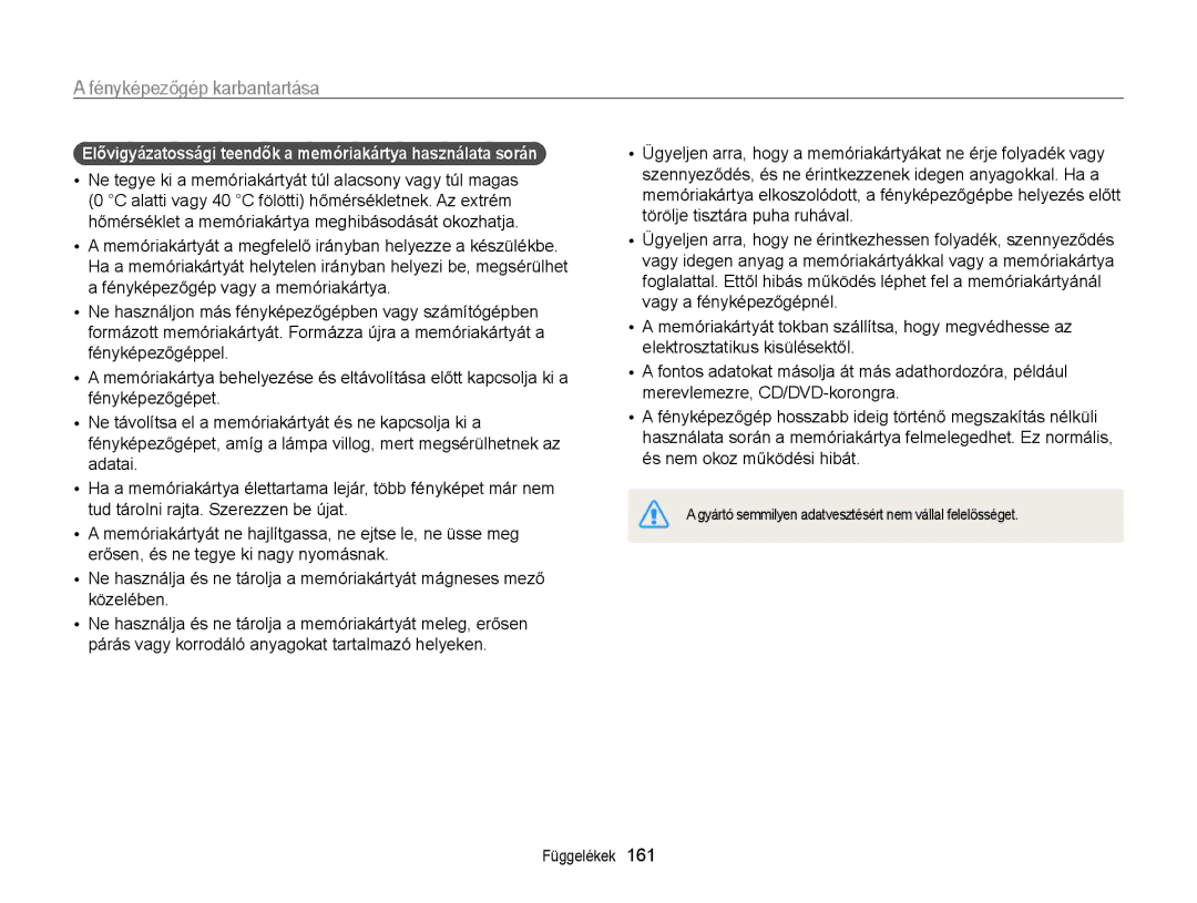 Samsung EC-WB850FBPBE3, EC-WB855FBDBE3, EC-WB850FBPBE2 manual Elővigyázatossági teendők a memóriakártya használata során 