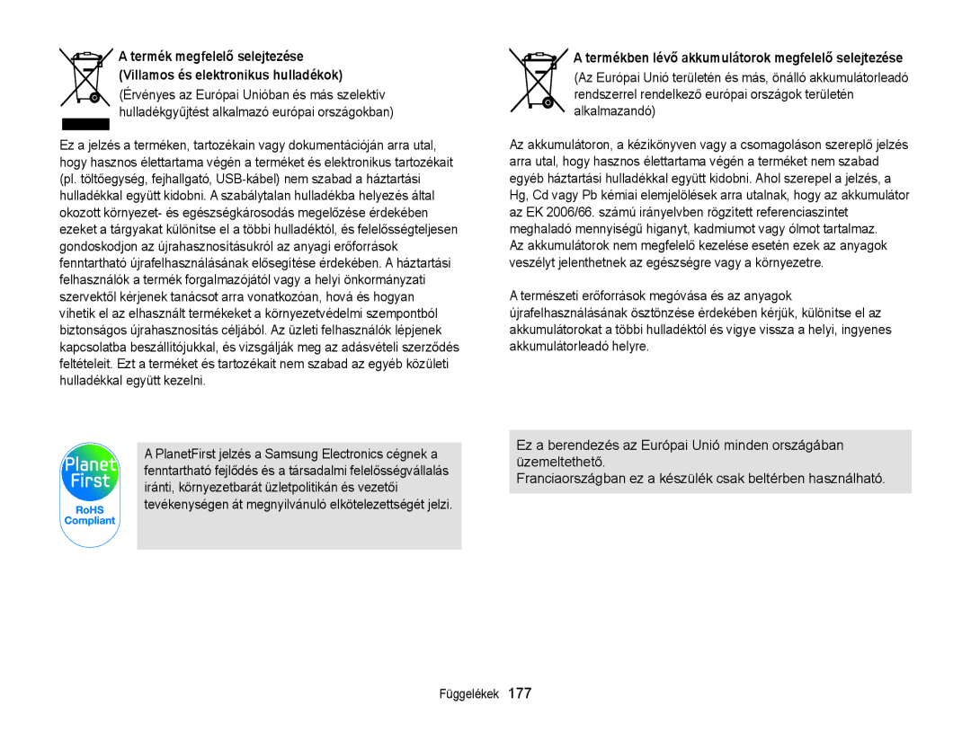 Samsung EC-WB855FBDBE3, EC-WB850FBPBE3, EC-WB850FBPBE2 manual Termékben lévő akkumulátorok megfelelő selejtezése 