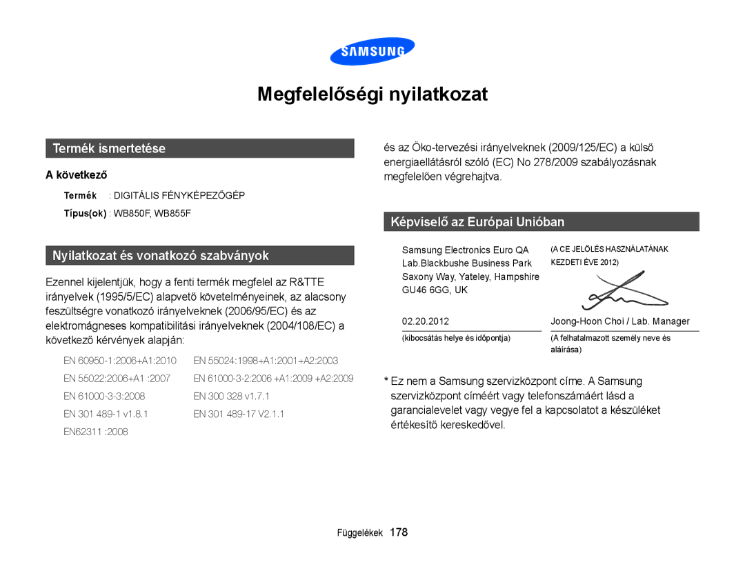 Samsung EC-WB850FBPBE2, EC-WB850FBPBE3, EC-WB855FBDBE3 manual Megfelelőségi nyilatkozat, Következő 