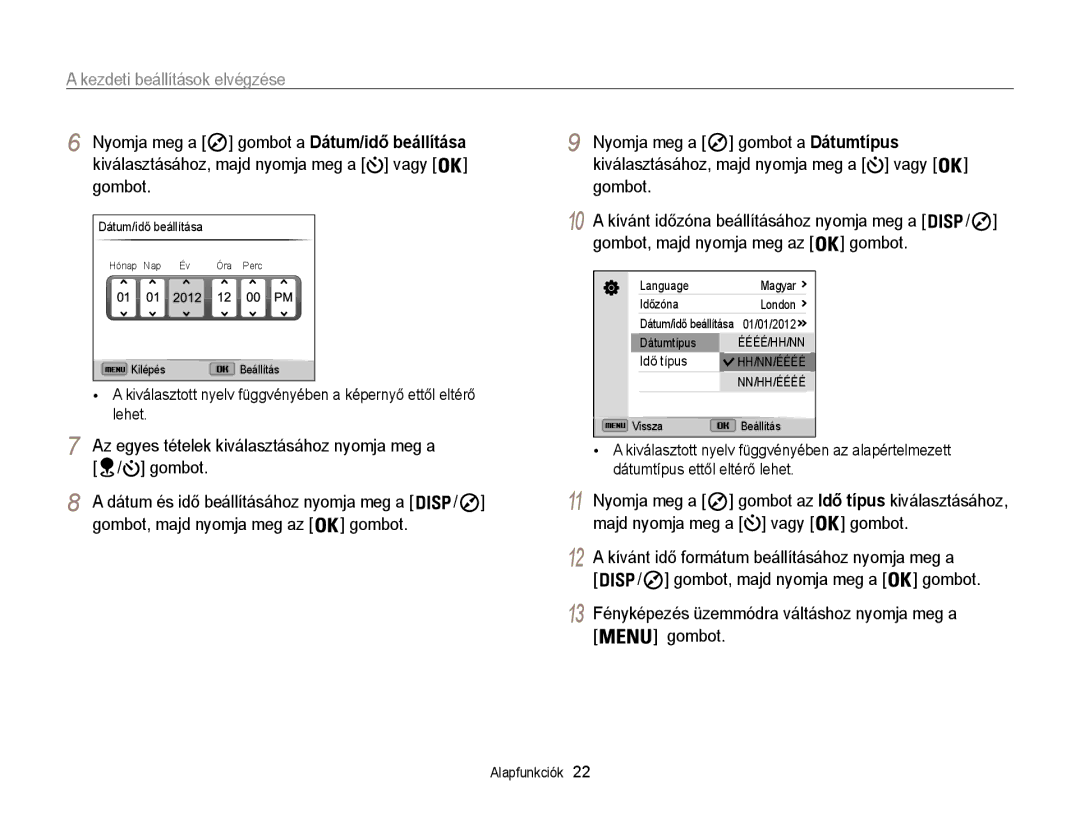 Samsung EC-WB850FBPBE2 manual Kezdeti beállítások elvégzése, Az egyes tételek kiválasztásához nyomja meg a / gombot 