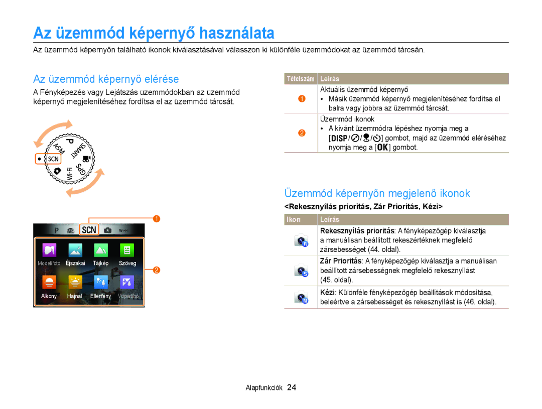 Samsung EC-WB855FBDBE3 Az üzemmód képernyő használata, Az üzemmód képernyő elérése, Üzemmód képernyőn megjelenő ikonok 