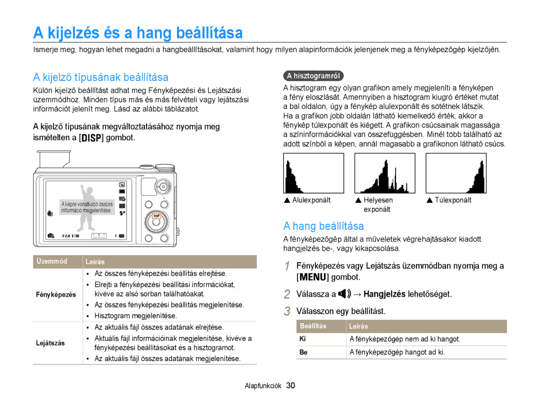 Samsung EC-WB855FBDBE3, EC-WB850FBPBE3 manual Kijelzés és a hang beállítása, Kijelző típusának beállítása, Hang beállítása 