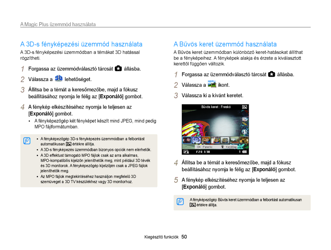 Samsung EC-WB850FBPBE3 manual 3D-s fényképezési üzemmód használata, Bűvös keret üzemmód használata, MPO fájlformátumban 