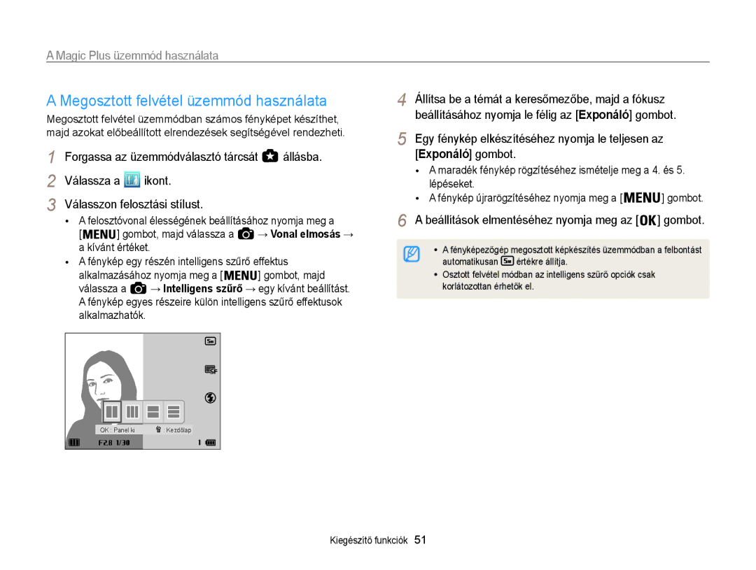 Samsung EC-WB855FBDBE3 manual Megosztott felvétel üzemmód használata, Beállítások elmentéséhez nyomja meg az gombot 