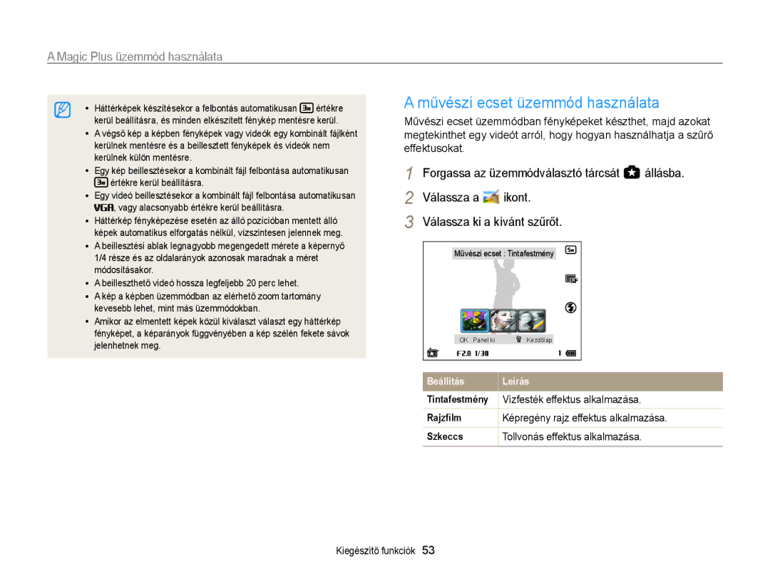 Samsung EC-WB850FBPBE3, EC-WB855FBDBE3, EC-WB850FBPBE2 Művészi ecset üzemmód használata, Ikont, Válassza ki a kívánt szűrőt 