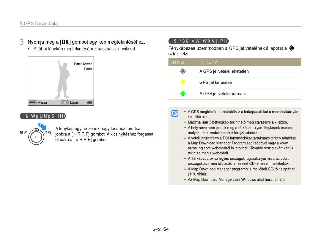 Samsung EC-WB850FBPBE2 manual Nyomja meg a gombot egy kép megtekintéséhez, GPS státusz megtekintése, Térkép felnagyítása 
