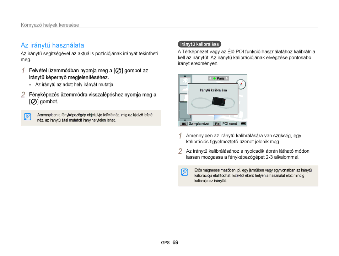 Samsung EC-WB855FBDBE3 manual Az iránytű használata, Az iránytű az adott hely irányát mutatja, Iránytű kalibrálása 