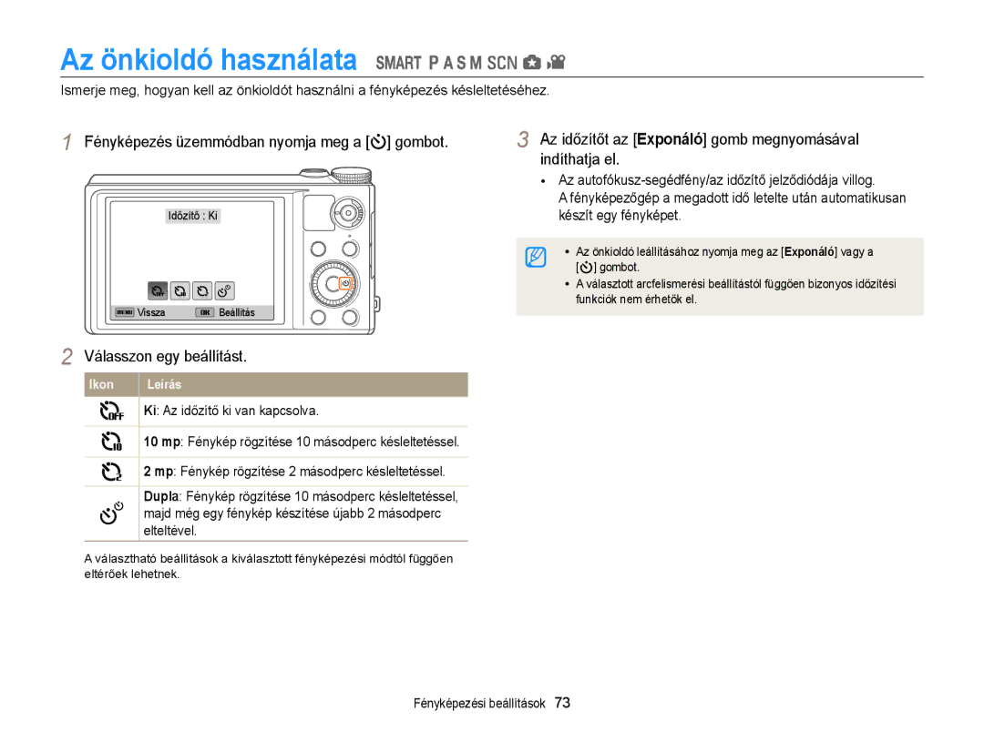 Samsung EC-WB850FBPBE2 Az önkioldó használata, Fényképezés üzemmódban nyomja meg a gombot, Ki Az időzítő ki van kapcsolva 