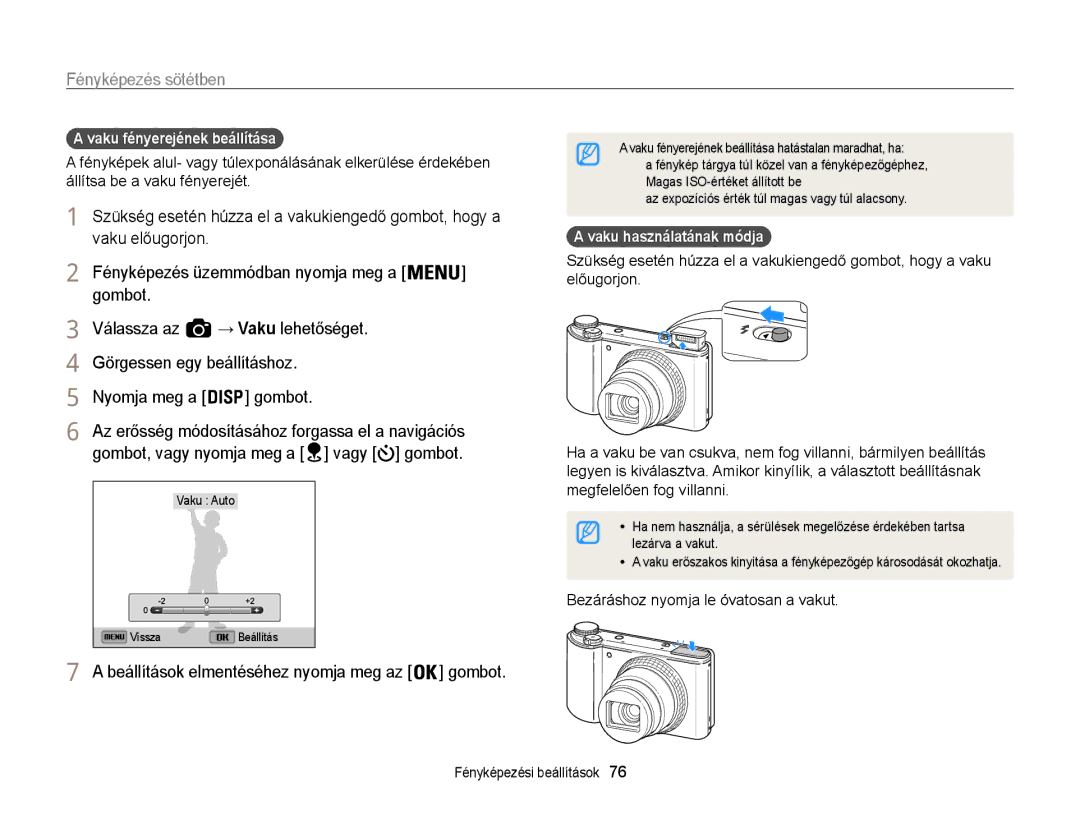 Samsung EC-WB850FBPBE2 manual Vaku fényerejének beállítása, Vaku használatának módja, Bezáráshoz nyomja le óvatosan a vakut 