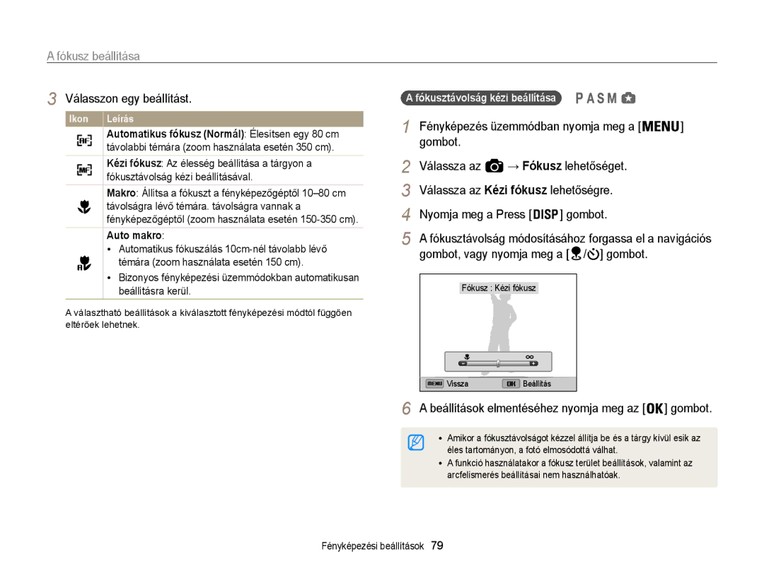 Samsung EC-WB850FBPBE2 manual Fókusz beállítása, Válassza az Kézi fókusz lehetőségre Nyomja meg a Press, Auto makro 