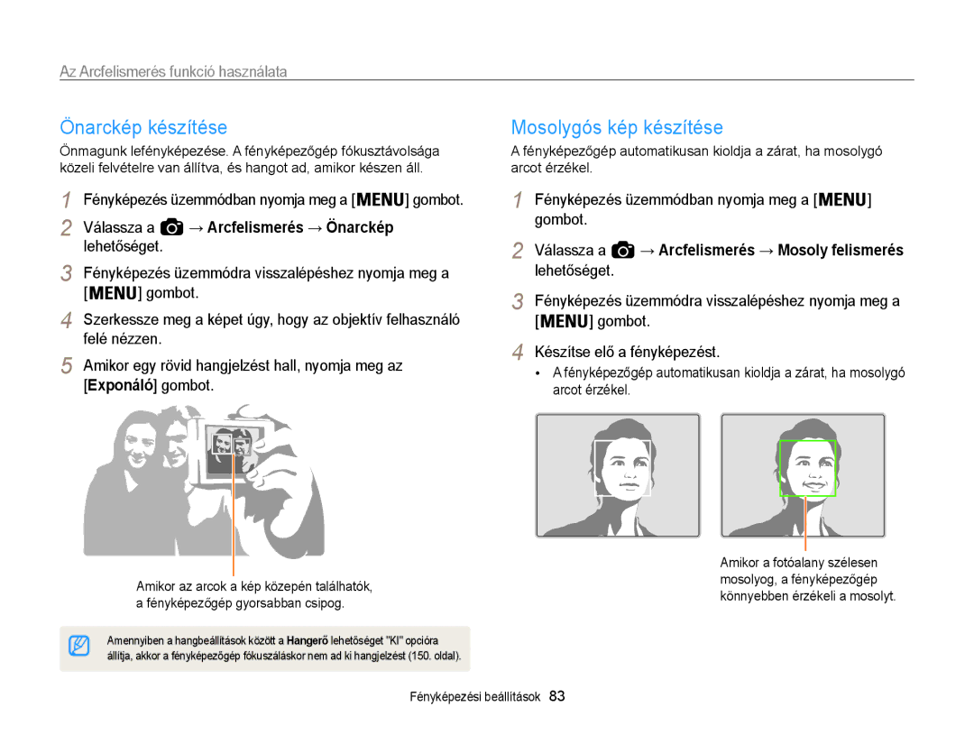 Samsung EC-WB850FBPBE3, EC-WB855FBDBE3 Önarckép készítése, Mosolygós kép készítése, Az Arcfelismerés funkció használata 