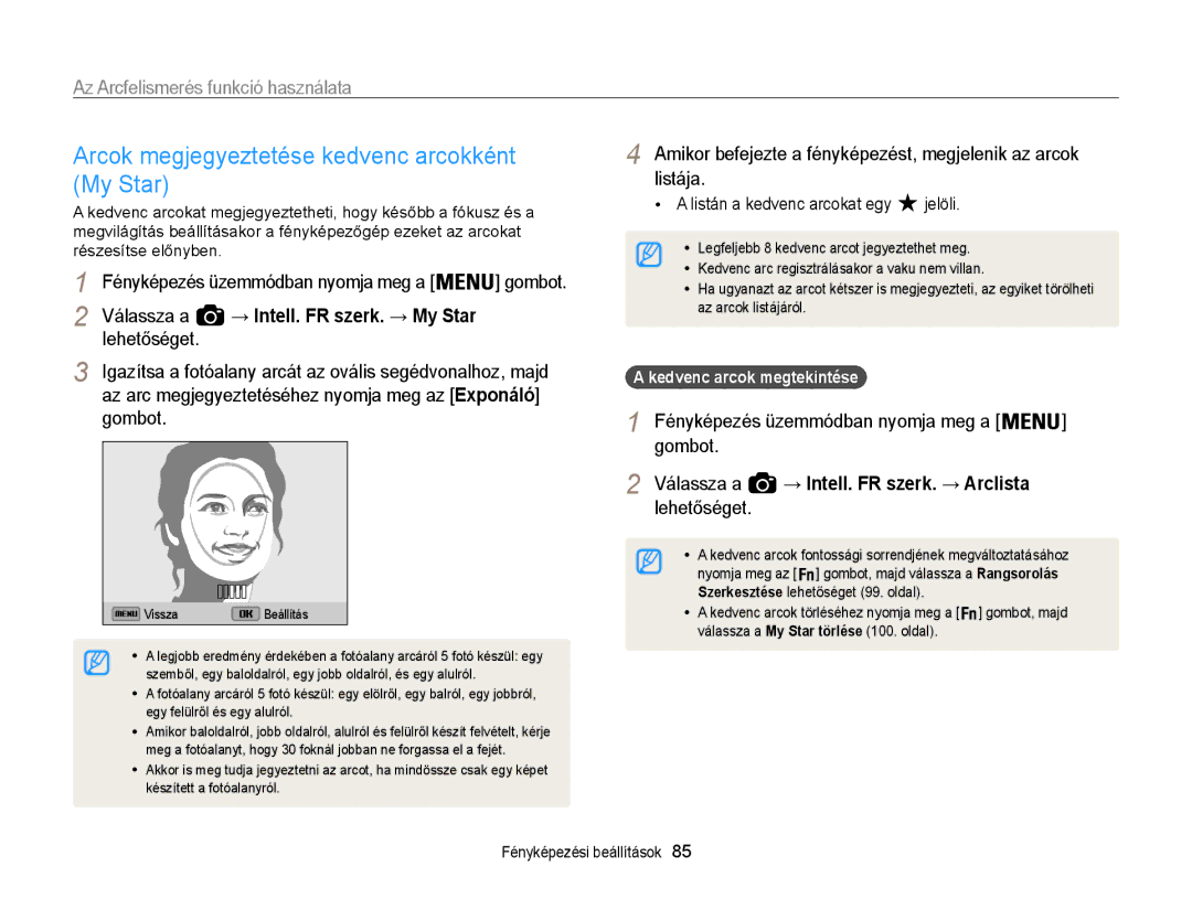 Samsung EC-WB850FBPBE2, EC-WB850FBPBE3 manual Arcok megjegyeztetése kedvenc arcokként My Star, Listán a kedvenc arcokat egy 