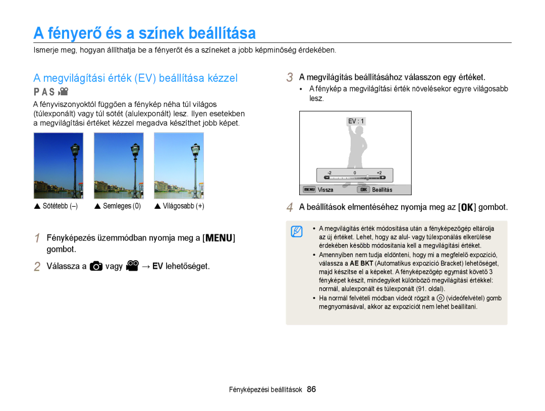 Samsung EC-WB850FBPBE3, EC-WB855FBDBE3 manual Fényerő és a színek beállítása, Megvilágítási érték EV beállítása kézzel 