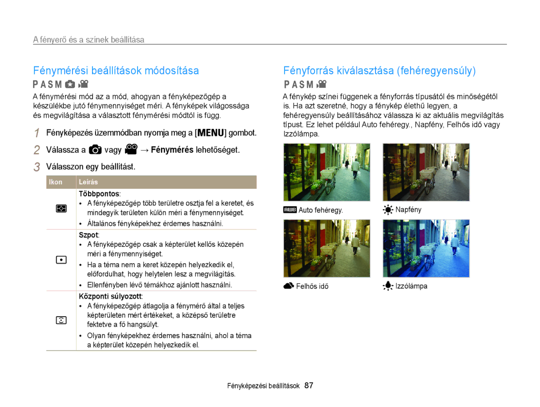 Samsung EC-WB855FBDBE3 manual Fénymérési beállítások módosítása, Fényforrás kiválasztása fehéregyensúly, Többpontos 