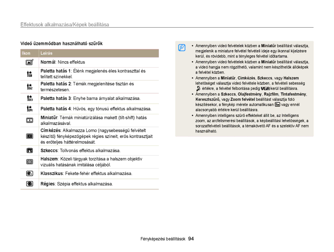 Samsung EC-WB850FBPBE2, EC-WB850FBPBE3 manual Effektusok alkalmazása/Képek beállítása, Videó üzemmódban használható szűrők 