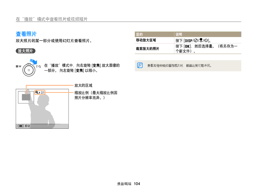 Samsung EC-WB850FBPBE3, EC-WB855FBDBE3 manual 放大照片的某一部分或使用幻灯片查看照片。, 在播放模式中，向右旋转 变焦 放大图像的 一部分。 向左旋转 变焦 以缩小。 放大的区域 