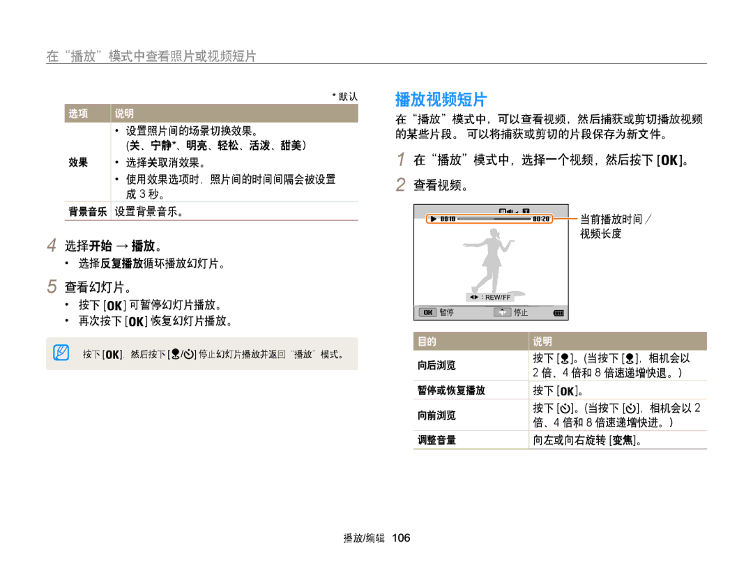 Samsung EC-WB850FBPBE2, EC-WB850FBPBE3, EC-WB855FBDBE3 manual 播放视频短片, 选择开始 → 播放。, 查看幻灯片。, 查看视频。 