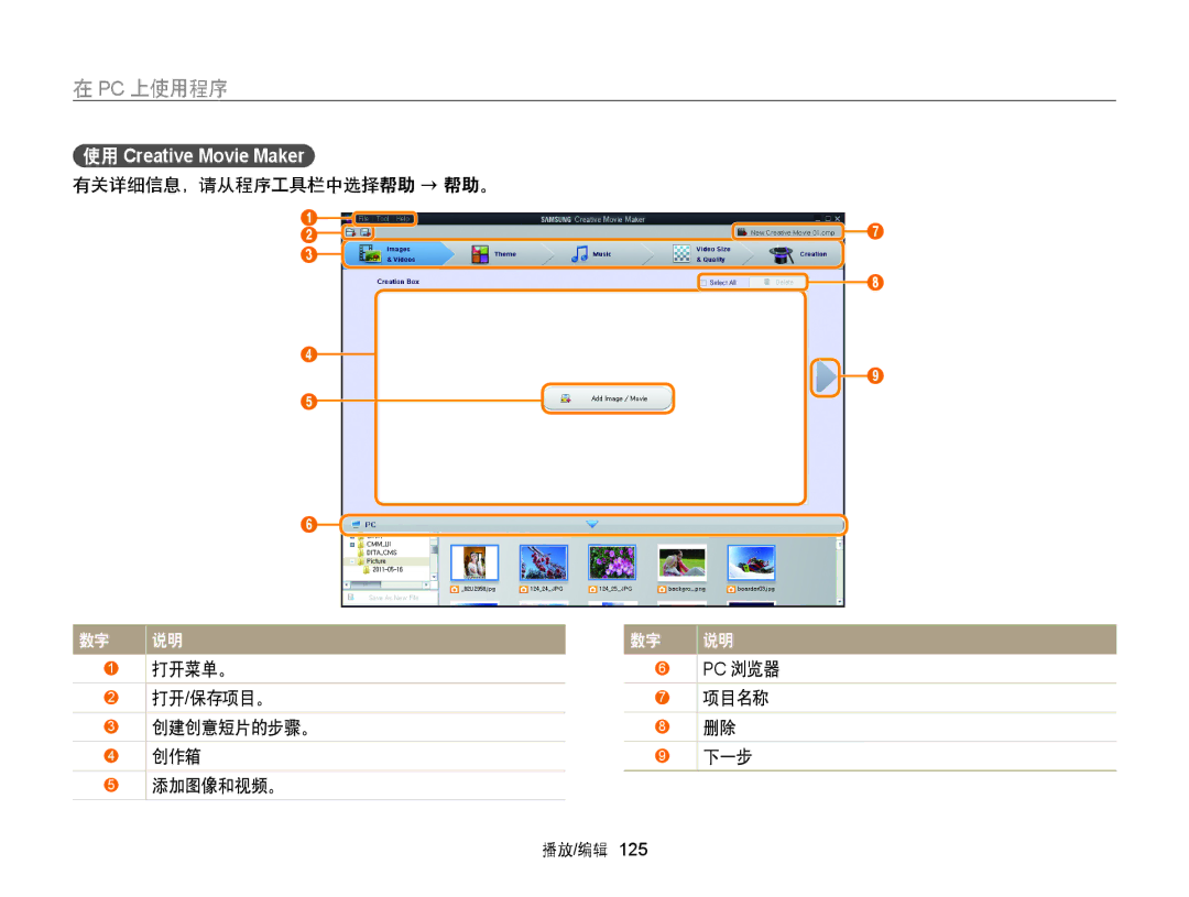 Samsung EC-WB850FBPBE3, EC-WB855FBDBE3 有关详细信息，请从程序工具栏中选择帮助 → 帮助。 打开菜单。, 打开/保存项目。 项目名称 创建创意短片的步骤。 创作箱 下一步 添加图像和视频。 播放/编辑 