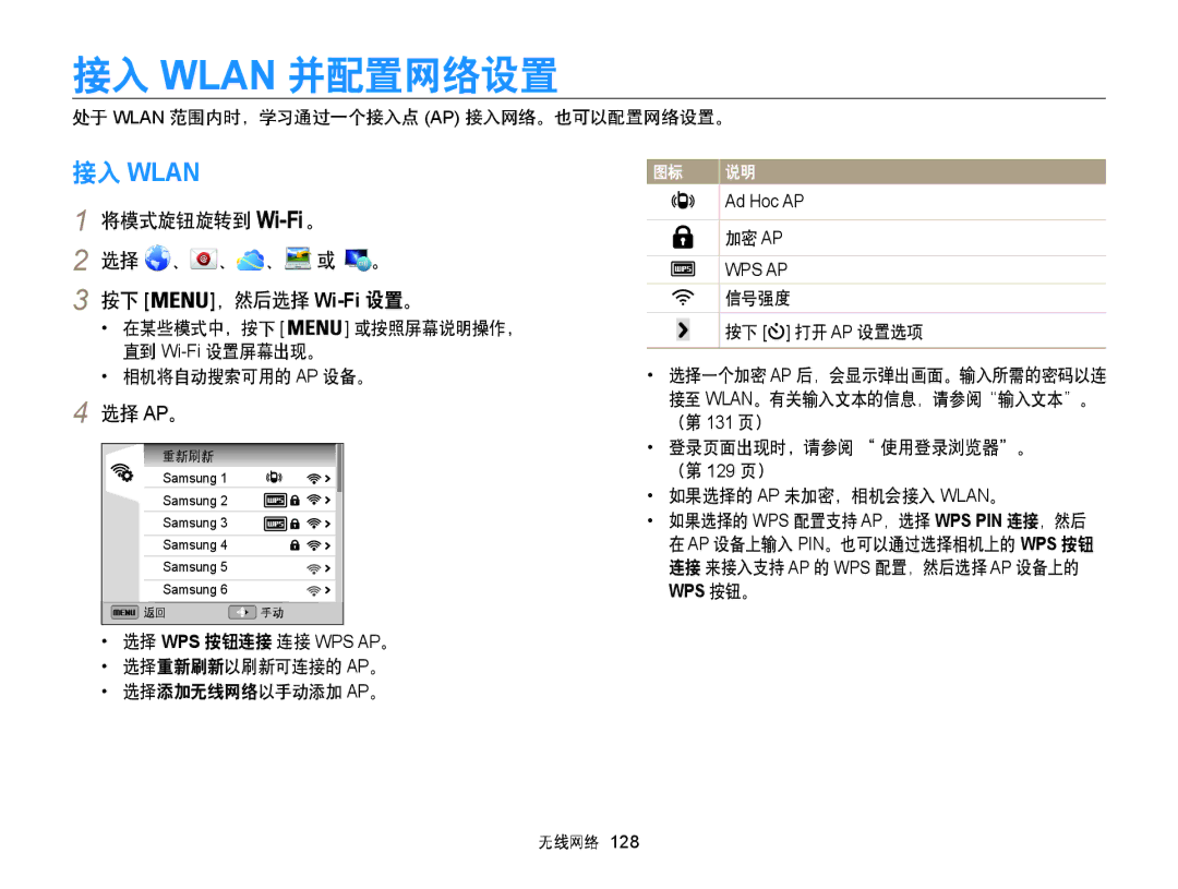 Samsung EC-WB850FBPBE3, EC-WB855FBDBE3, EC-WB850FBPBE2 接入 Wlan 并配置网络设置, 将模式旋钮旋转到 。 选择 、 、 、 或 。 按下 ，然后选择 Wi-Fi设置。, 选择 Ap。 