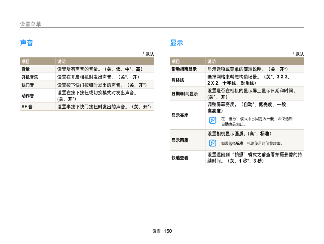 Samsung EC-WB855FBDBE3 manual 设置菜单, 设置所有声音的音量。（关、低、中*、高）, 设置相机显示画质。高*、标准）, 快速查看 设置返回到拍摄模式之前查看拍摄影像的持 续时间。（关、1 秒*、3 秒） 