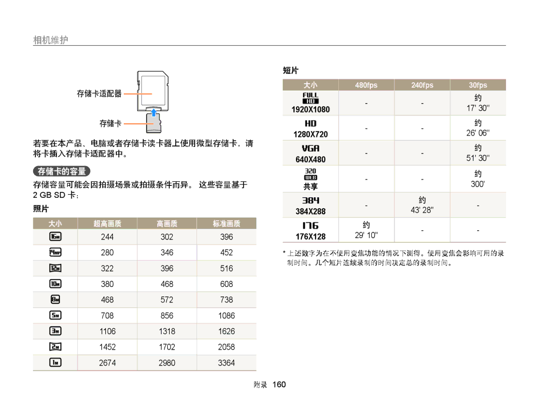 Samsung EC-WB850FBPBE2 manual 存储卡的容量, 存储卡适配器 若要在本产品、电脑或者存储卡读卡器上使用微型存储卡，请 将卡插入存储卡适配器中。, 存储容量可能会因拍摄场景或拍摄条件而异。 这些容量基于 