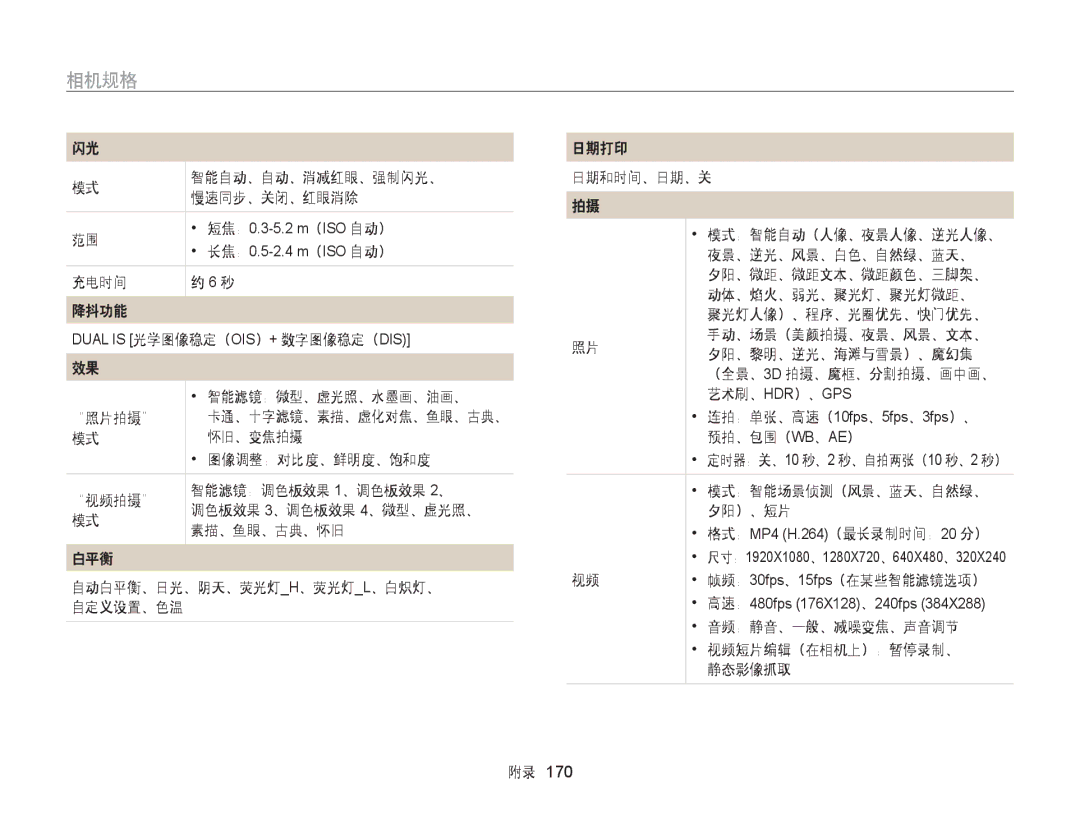 Samsung EC-WB850FBPBE3, EC-WB855FBDBE3, EC-WB850FBPBE2 manual 相机规格 