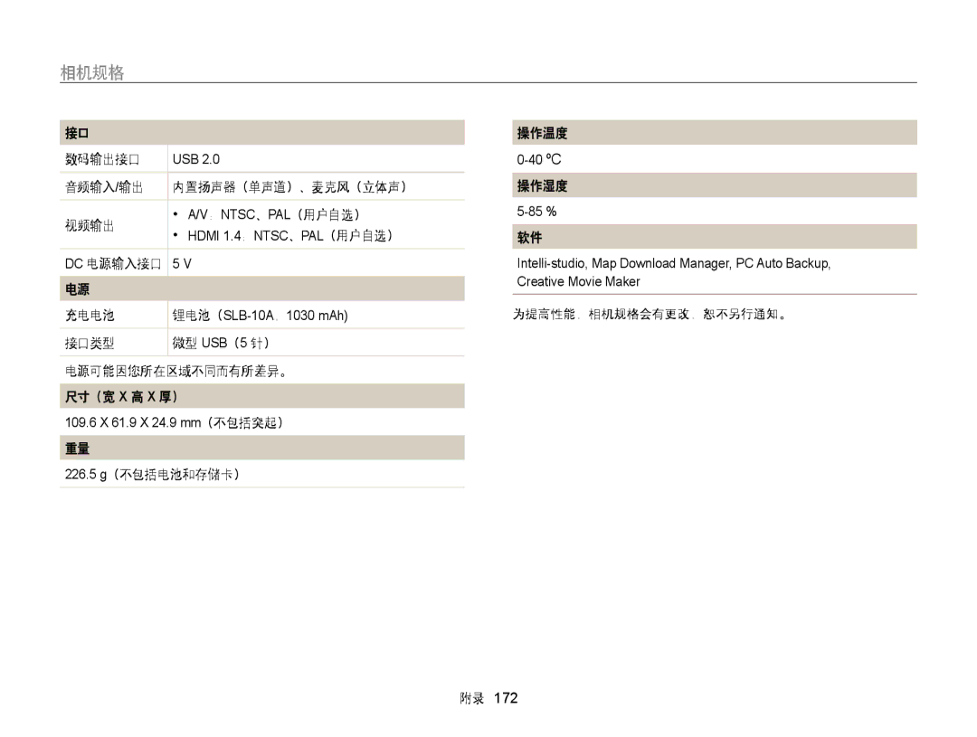 Samsung EC-WB850FBPBE2 数码输出接口, 音频输入/输出 内置扬声器（单声道）、麦克风（立体声） 视频输出, 接口类型 微型 USB（5 针） 电源可能因您所在区域不同而有所差异。 尺寸（宽 X 高 X 厚）, 操作湿度 