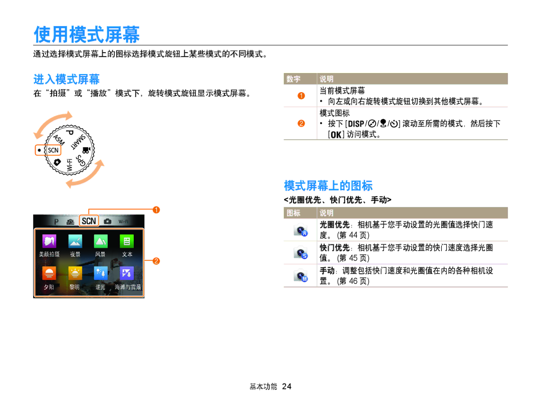 Samsung EC-WB855FBDBE3, EC-WB850FBPBE3, EC-WB850FBPBE2 manual 使用模式屏幕, 进入模式屏幕, 通过选择模式屏幕上的图标选择模式旋钮上某些模式的不同模式。, 光圈优先、快门优先、手动 