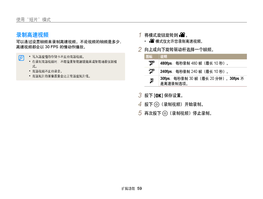 Samsung EC-WB850FBPBE3, EC-WB855FBDBE3, EC-WB850FBPBE2 manual 录制高速视频, 将模式旋钮旋转到, 向上或向下旋转驱动杆选择一个帧频。, （录制视频）开始录制。 